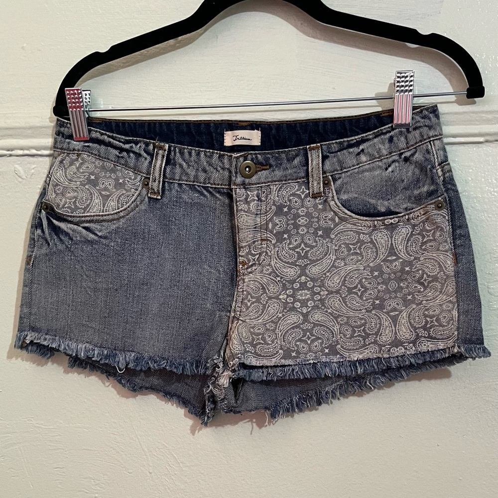 Trillium Two-Tone Paisley Panel Denim Shorts - Blue Gray